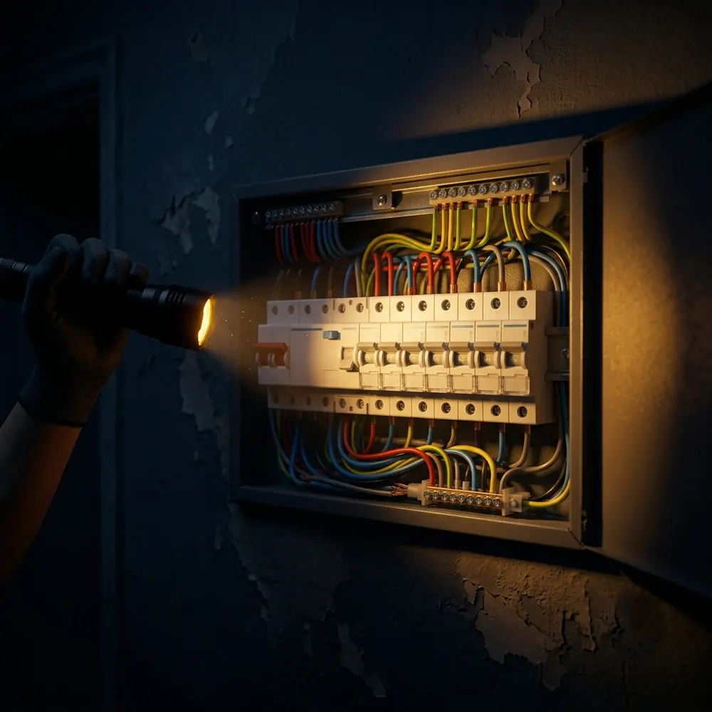 Gece el feneri ışığında elektrik panosuna müdahale