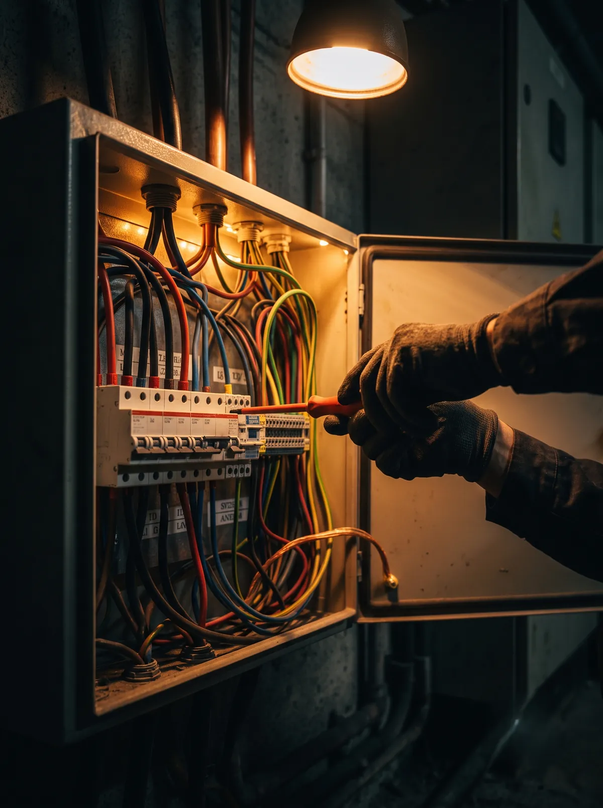 Elektrikçi, açık bir dairenin elektrik panosunda çalışıyor