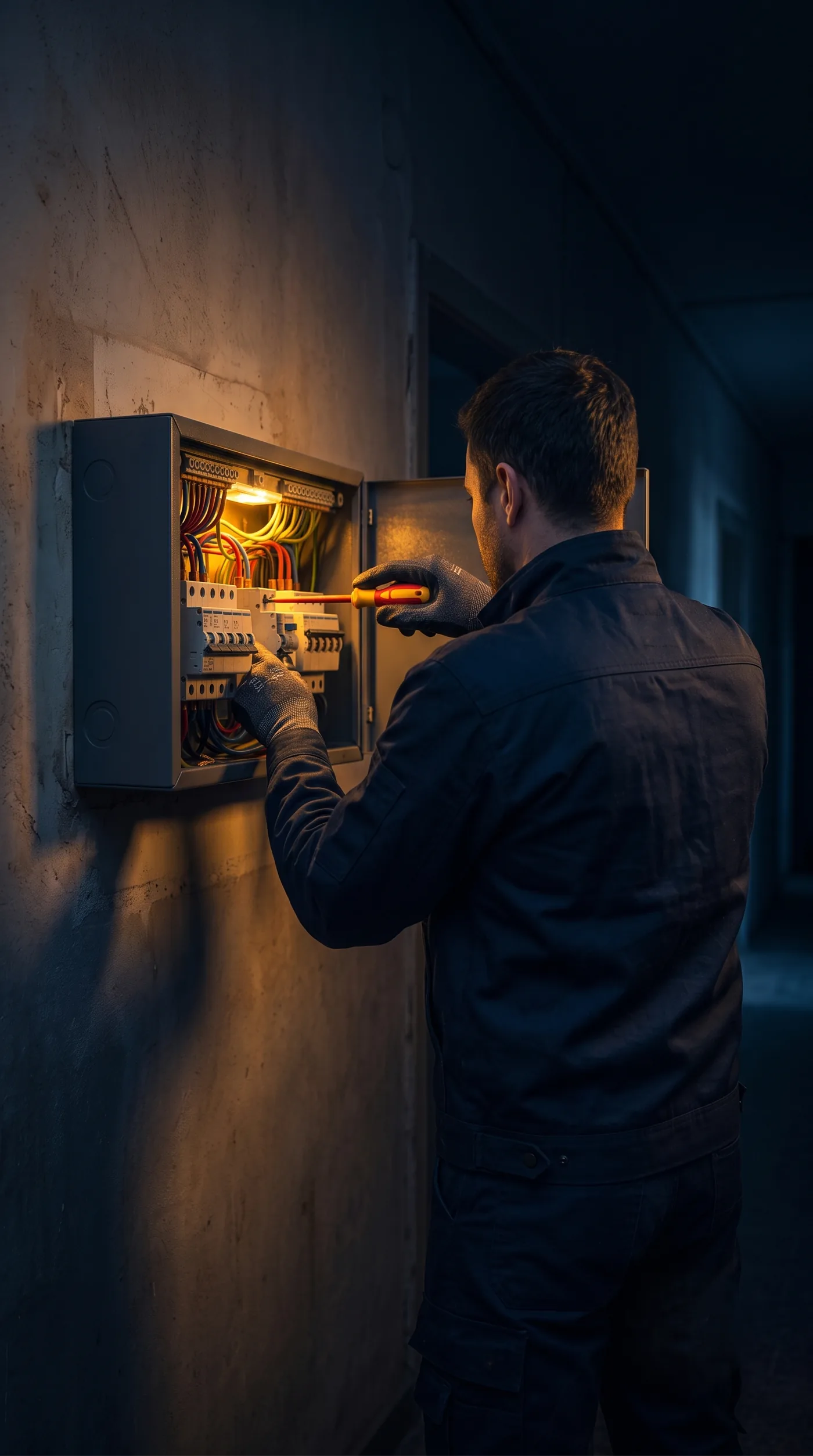 Açık elektrik panosunda çalışan elektrikçi